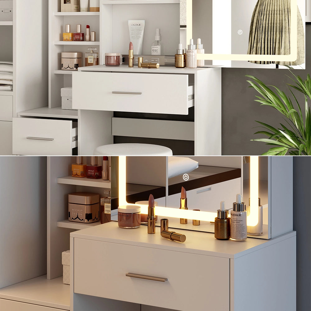 Vicco Tavolo da toilette Bianco 80 cm con specchio LED e sgabello