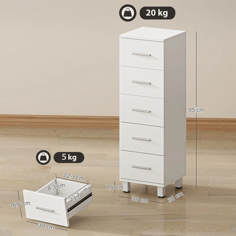 Mobiletto da bagno, mobiletto stretto con 5 cassetti, per bagno, 30 x 30 x 95 cm, bianco