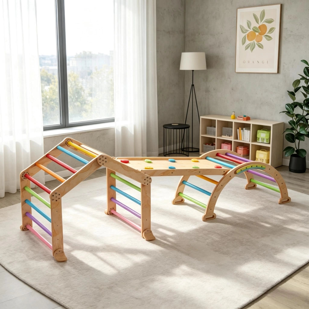 Triangolo di arrampicata multicolore per bambini con rampa reversibile, scivolo e struttura per arrampicata.
