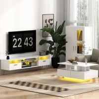 Credenza con LED RGB 16 colori e telecomando, alta lucidità, porte in vetro, ripiani in vetro, 71x35x126cm, bianco