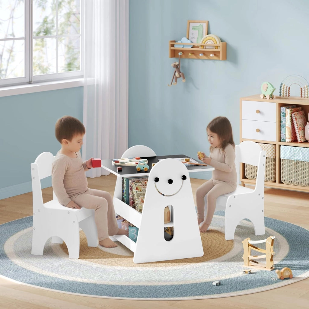 Set di Tavolo e Sedie per Bambini con Cavalletto, Tavolo con 2 Sedie per Bambini, Spazio di Archiviazione, Piano d'Appoggio Girevole, Bianco