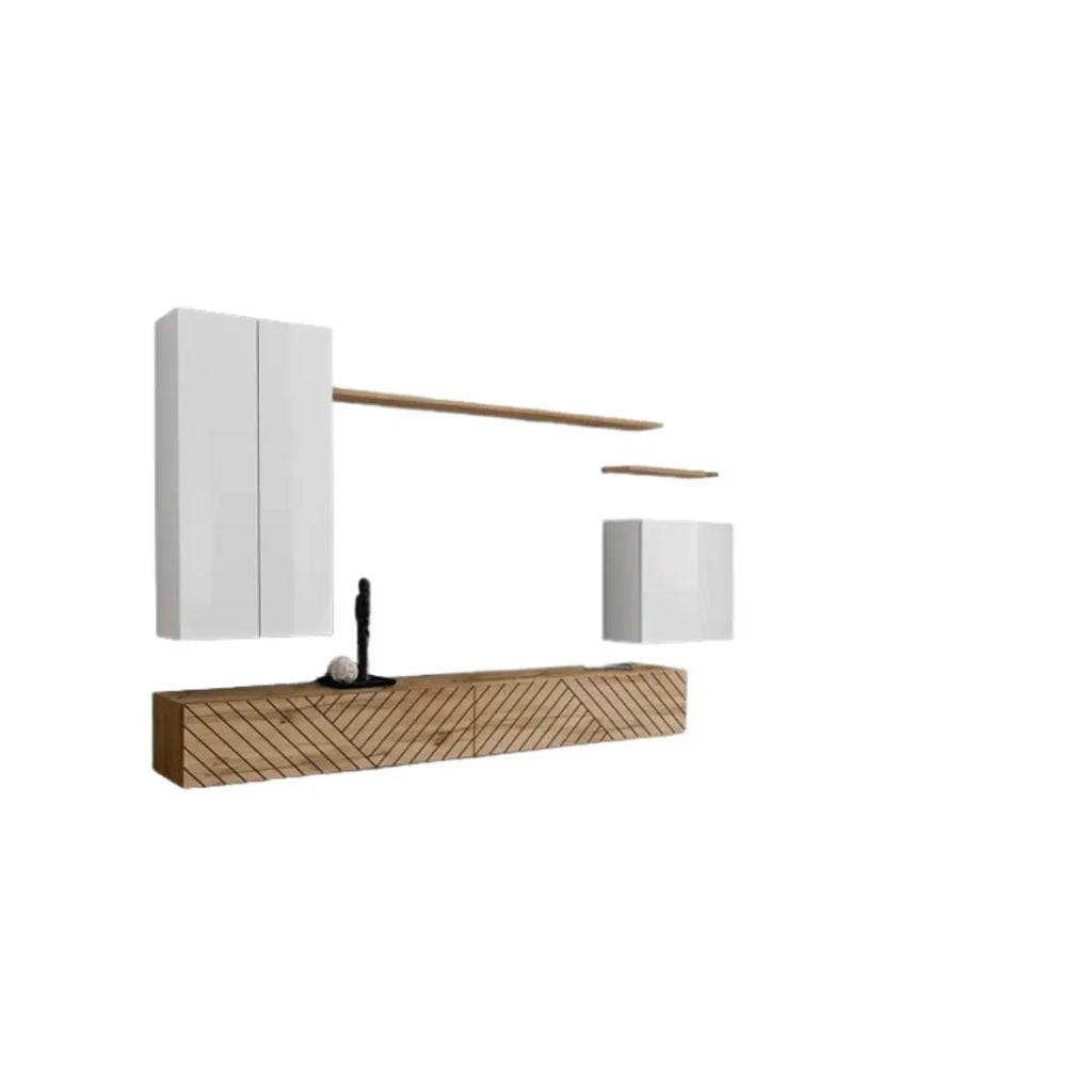 Set mobile soggiorno SWITCH II design, colore bianco e rovere wotan. Finiture in bianco lucido e rovere fresato.