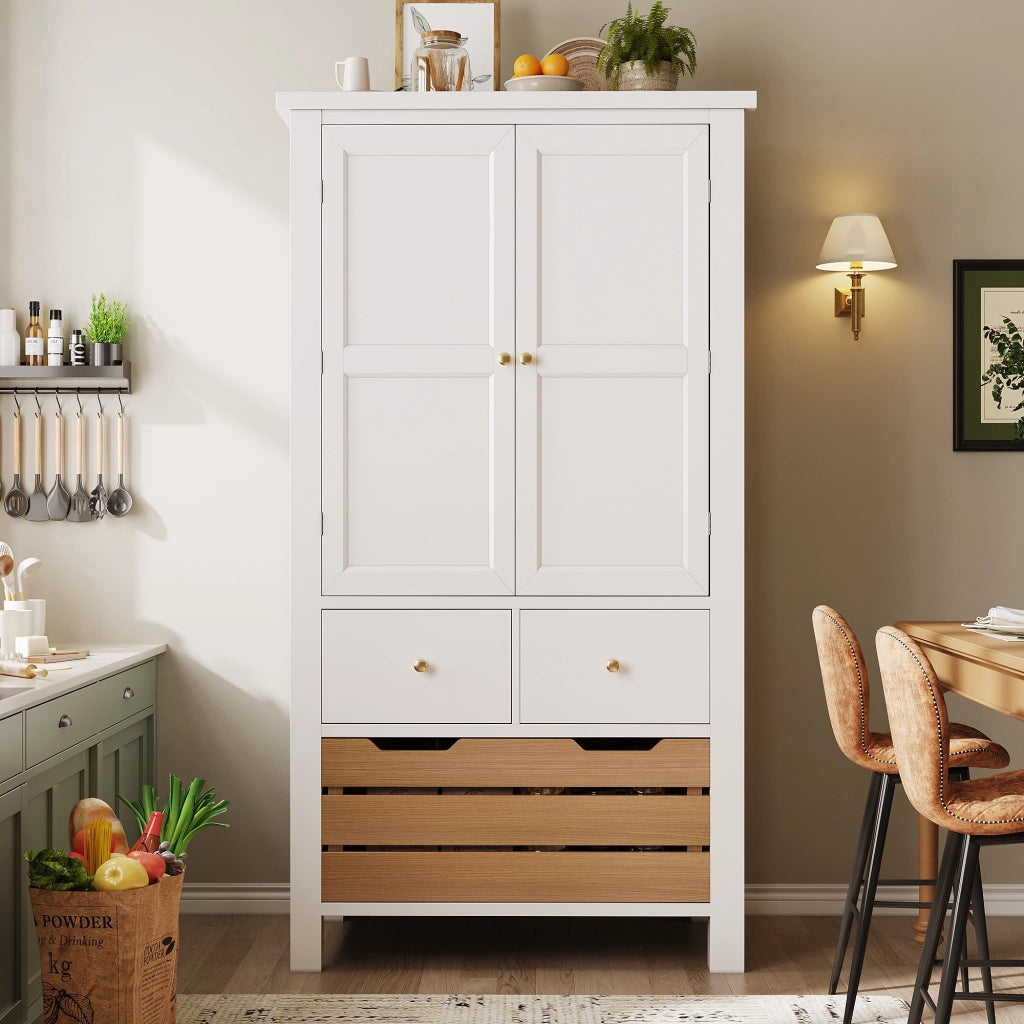 Credenza da Cucina Alta con 2 Ante e 5 Cassetti; Chiusura Magnetica; in MDF; 80x40x140 cm; Bianca