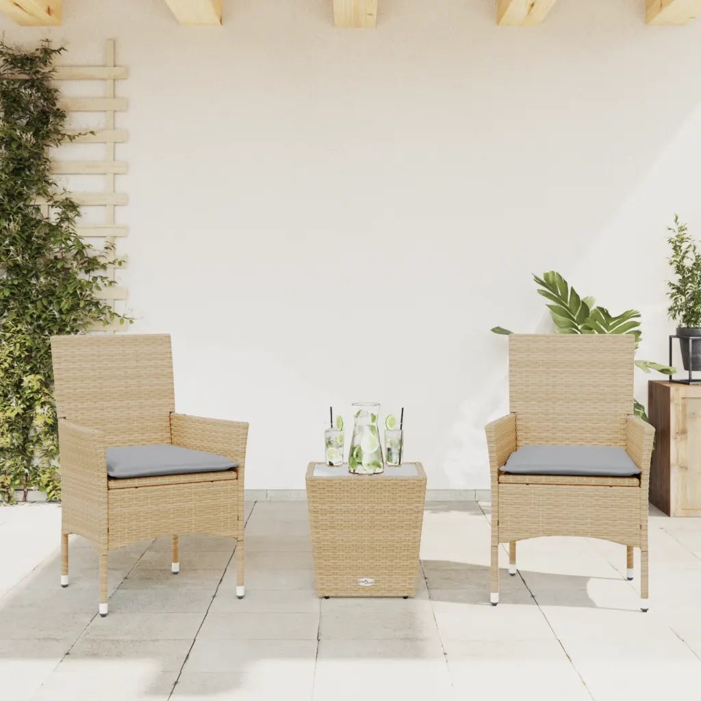 Set da BistrÃ² 3 pz con Cuscini Beige Polyrattan e Vetro