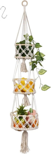Porta frutta a 3 livelli boho - 120 cm lampada da muro in macramé fiori - porta frutta per verdure e frutta con grappe S