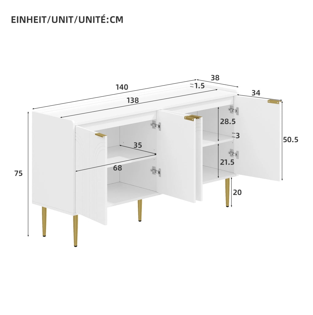 Sideboard 140x38x75 cm con 4 ante e ripiani regolabili in MDF bianco