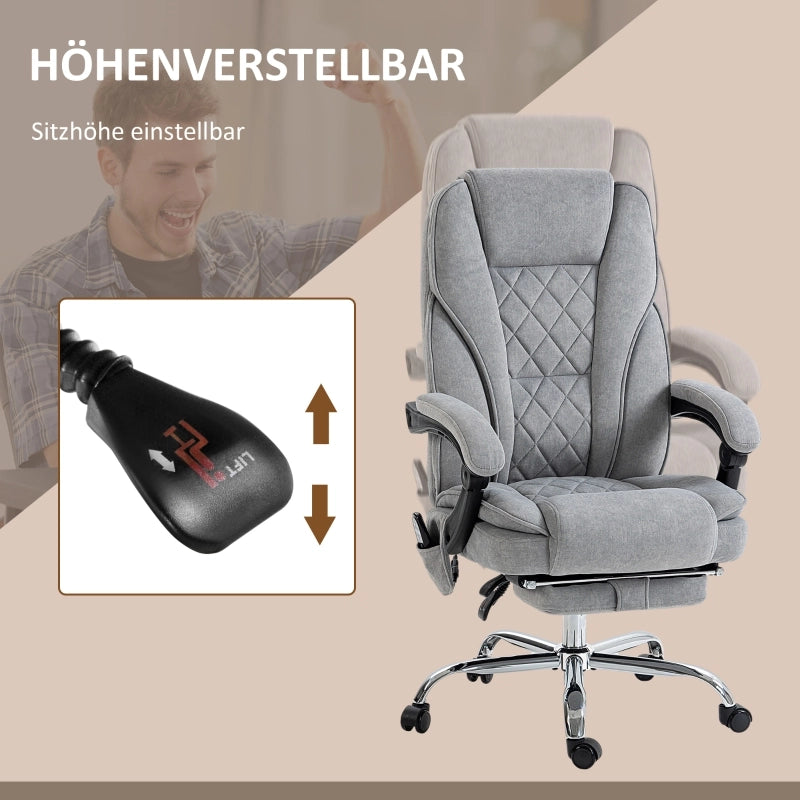 Sedia da ufficio con massaggio vibrante, calore lombare, schienale reclinabile a 135°, poggiapiedi, tessuto grigio