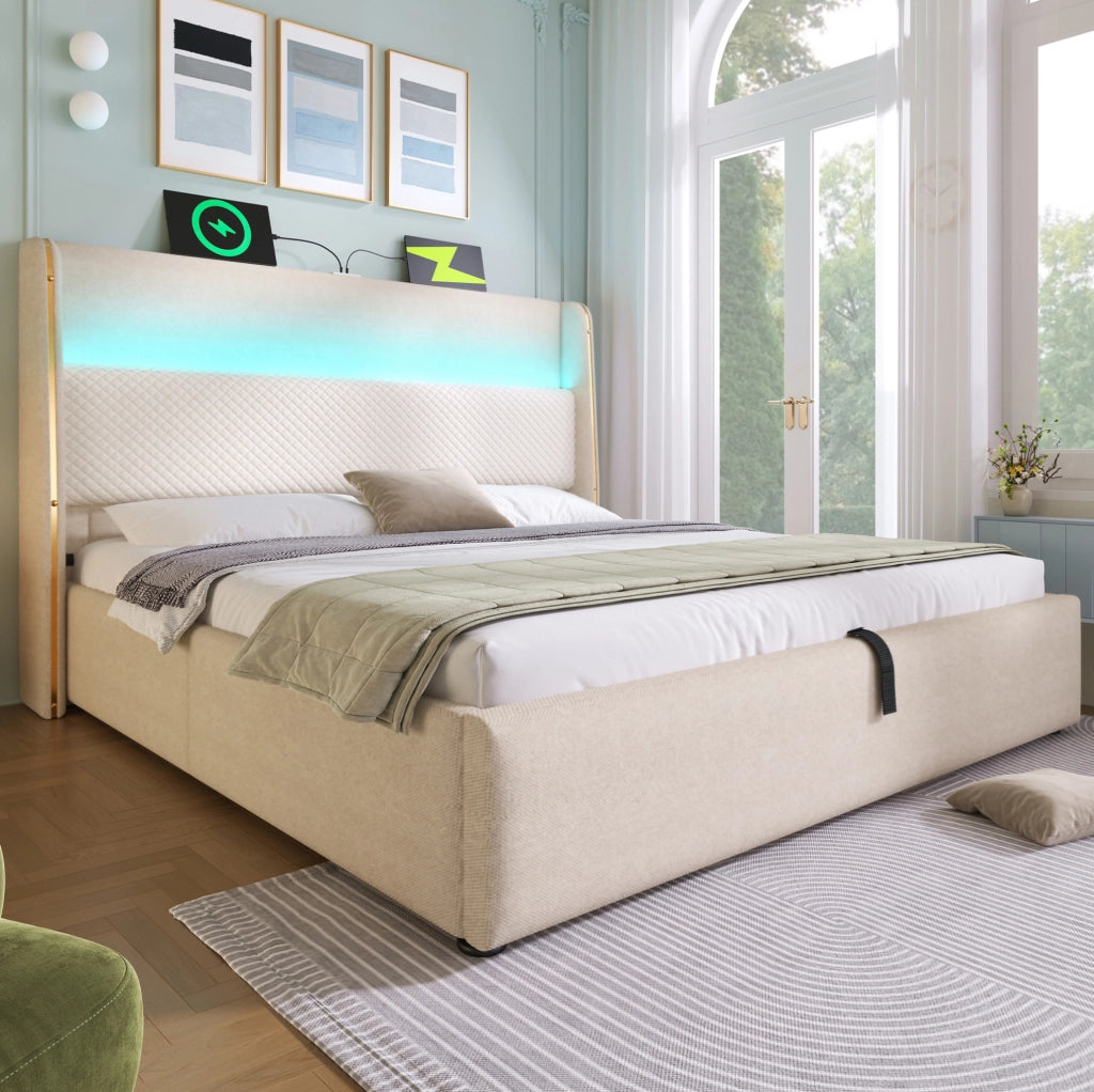 Letto matrimoniale con contenitore 160x200 cm in lino beige; LED e porte USB Type-C; con materasso