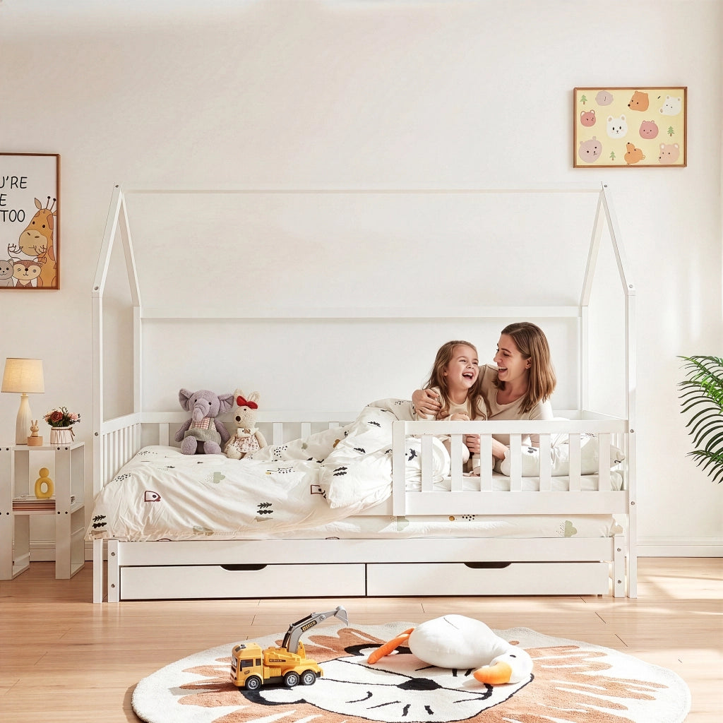 Letto a Casetta per Cameretta Aarghonmaa in Legno di Pino con Letto Estraibile 1 Materasso 90x200 cm e 2 Cassetti - Bianco [en.casa]