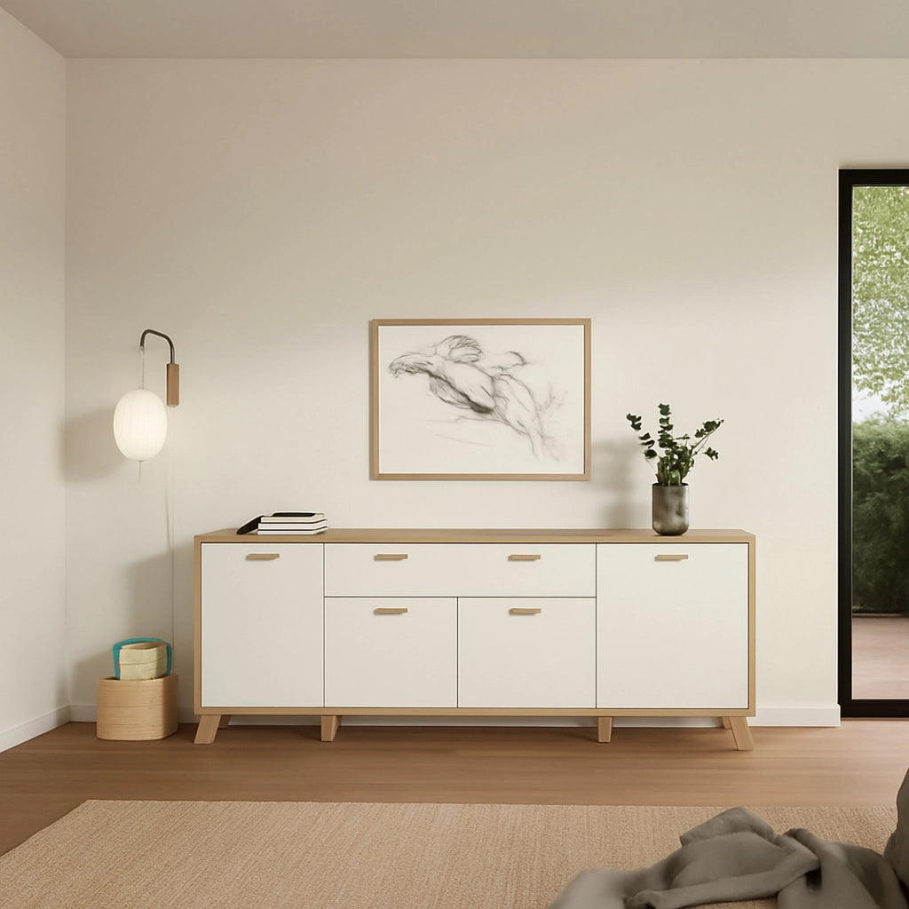 Credenza Wukong, Buffet da soggiorno, Madia da salotto, Dispensa da cucina, 196x39 h73 cm, Rovere e Bianco