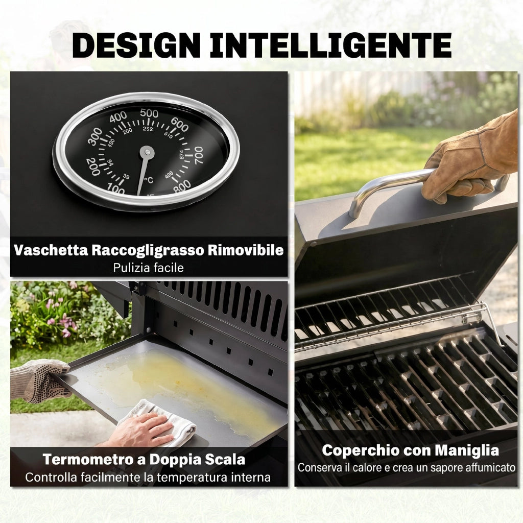 Barbecue a Gas 4 Bruciatori ¨C zephmum ¨C Grigio Antracite con Coperchio 110x50x100cm