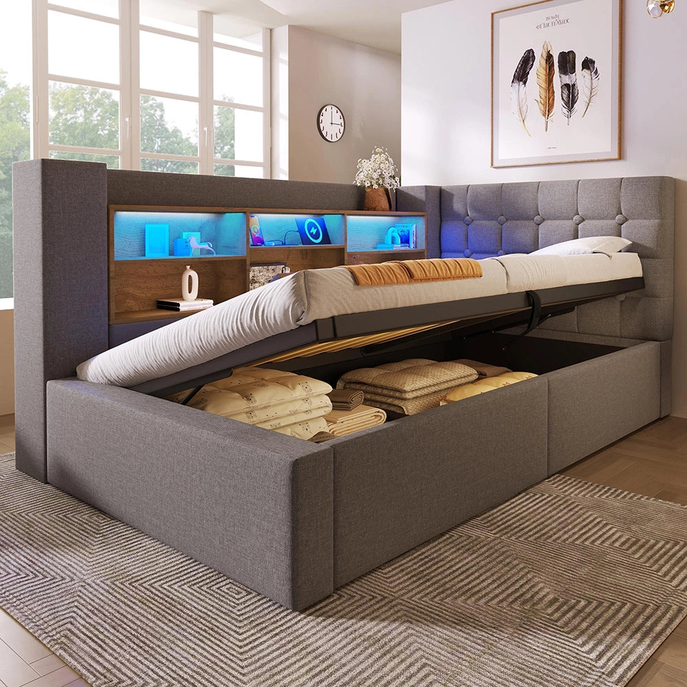 Letto imbottito-Xylo-90x200cm LED idraulico testiera a L lino grigio senza materasso