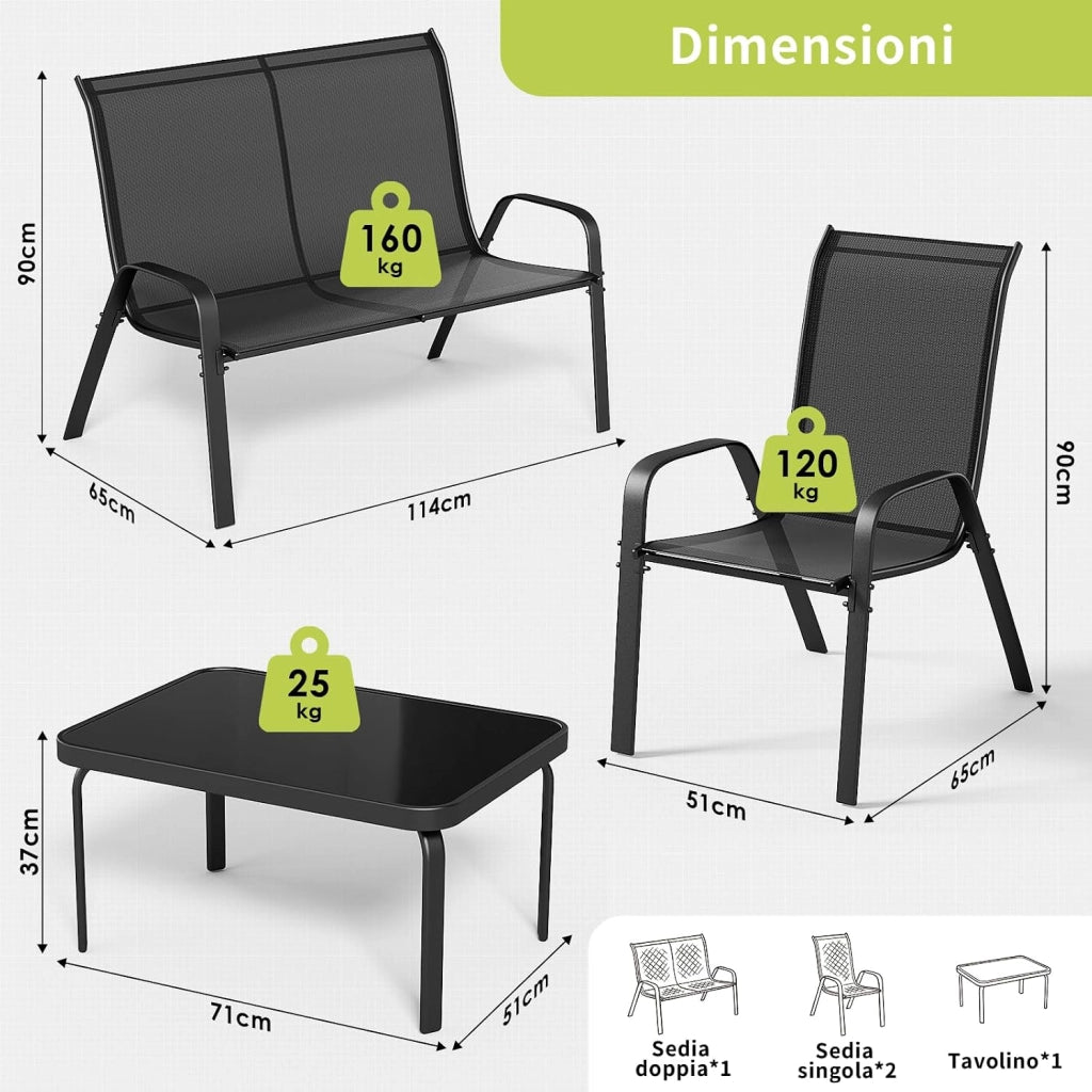 Set Salotto da Giardino 4 Pezzi, Set Mobili da Esterno con Divano 2 Posti, 2 Poltrone, 1 Tavolino in vetro, Textilene Traspirante, Set da Conversazioni per Piccolo Balcone, Terrazzo (Nero)