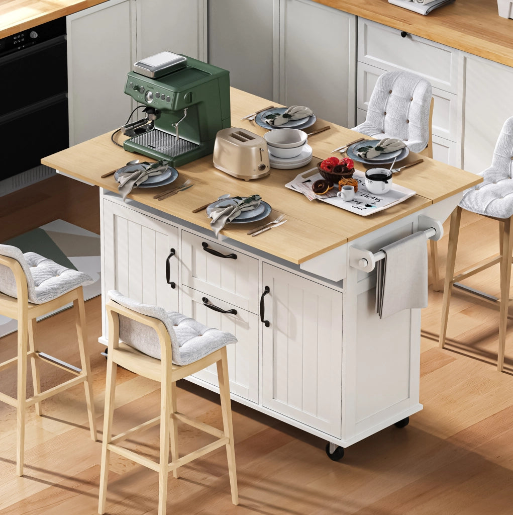 Isola cucina 120x40-60-80x92 cm con piano pieghevole e prese; in MDF; bianco e naturale