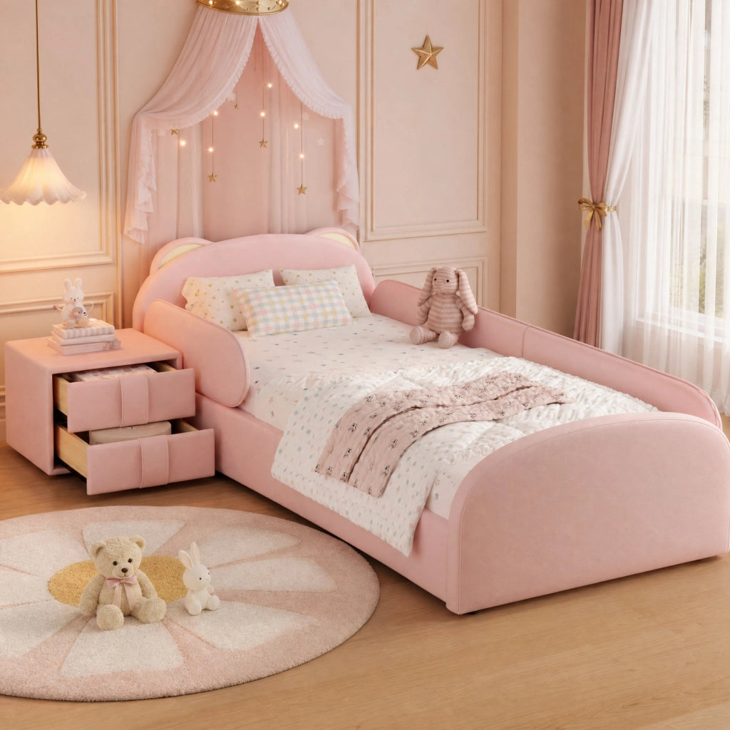 Letto singolo imbottito per bambini rosa 90x200 cm con comodino