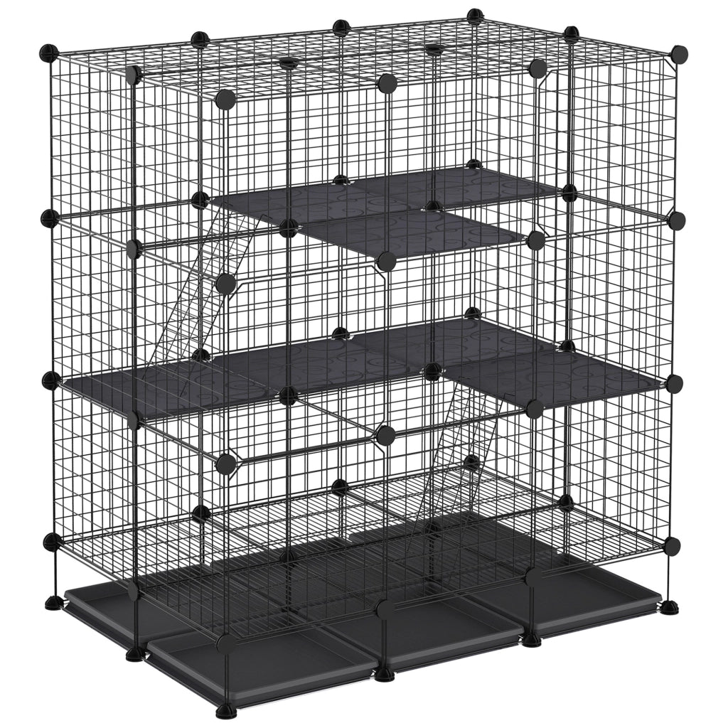 Recinto per Roditori Modulabile 3 Livelli 4 Porte ¨C zephmum ¨C Griglia Metallo Nero 111x75x119 cm