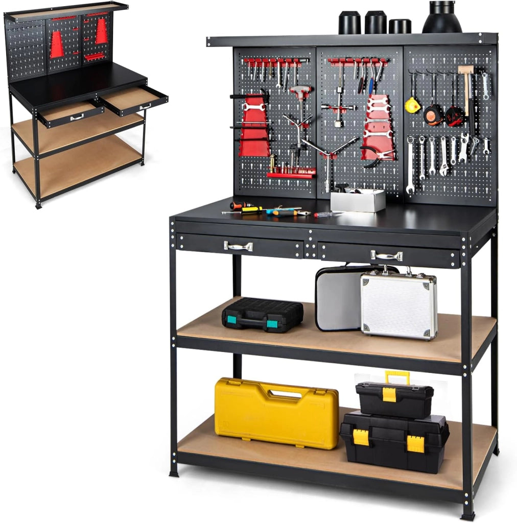 Banco da Lavoro, Organizer per Attrezzi in Metallo con 3 Pannelli Perforati con Kit di 25 Ganci, 2 Cassetti e 2 Ripiani, Banchi da Lavoro per Officina, Garage (Nero+Rosso, 121 X 61 X 156 CM)