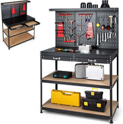 Banco da Lavoro, Organizer per Attrezzi in Metallo con 3 Pannelli Perforati con Kit di 25 Ganci, 2 Cassetti e 2 Ripiani, Banchi da Lavoro per Officina, Garage (Nero+Rosso, 121 X 61 X 156 CM)