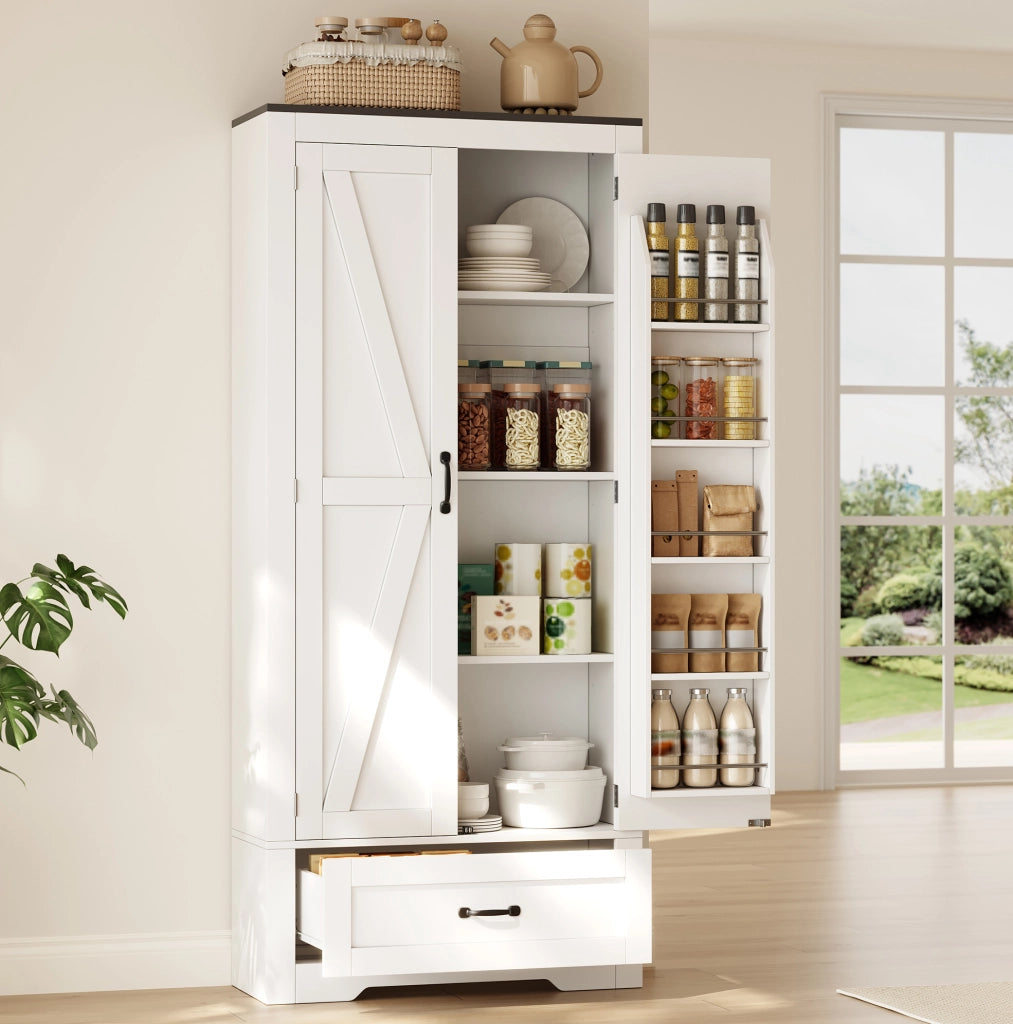 Armadio dispensa da cucina 80x35x183 cm con 2 ante e cassetto in MDF bianco