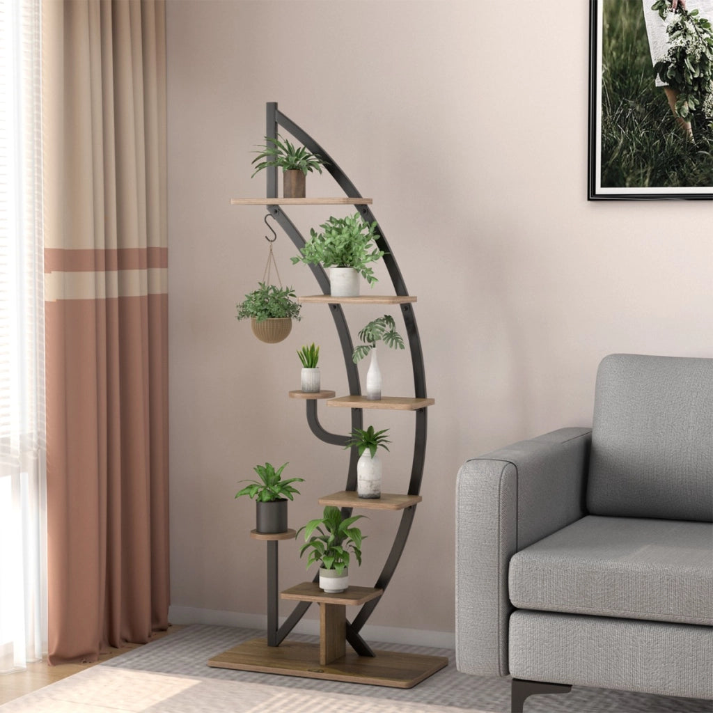 Scaffale per piante in metallo alto a 7 livelli-Scaffale a forma di mezza luna curva con gancio superiore Nero