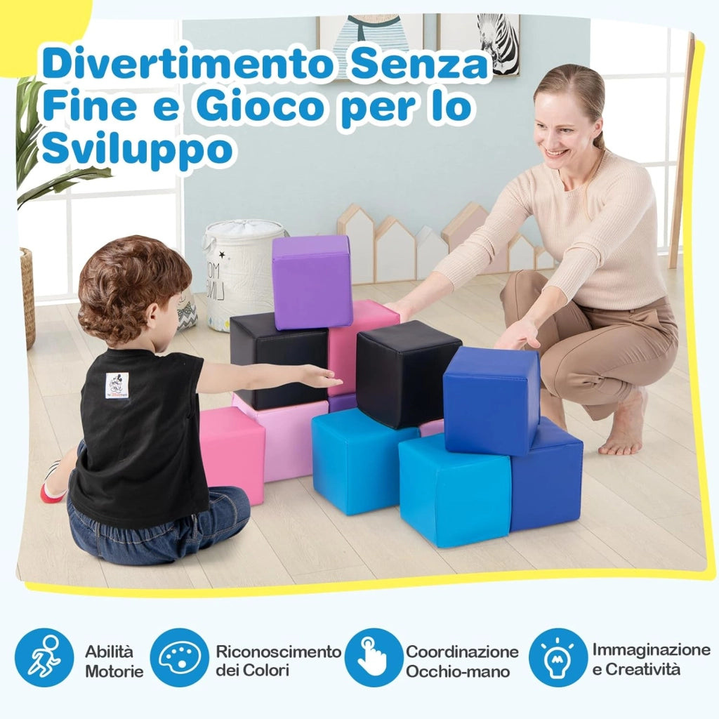 Set di 12 Blocchi da Costruzione in Schiuma EPE, Cubi Colorati 14 x 14 cm con Copertura in Finta Pelle Impermeabile, Blocchi Morbidi per Bambini per Impilare e Arrampicarsi (Rosa e Nero)