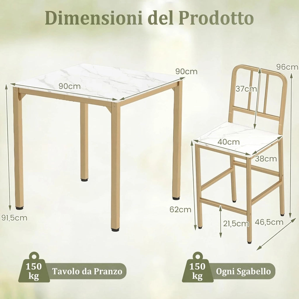 Set da Pranzo per 4 Persone, Set Cucina Bar 5 Pezzi con Superficie in Finto Marmo, Tavolo Quadrato in Legno e 4 Sgabelli Alti per Angolo Colazione e Sala da Pranzo (Bianco)