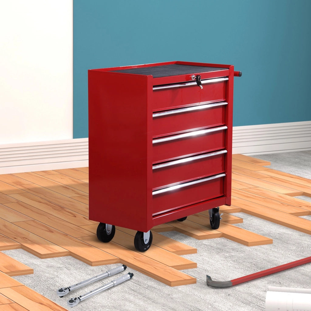 EasyComfort Carrello Porta Utensili con 5 Cassetti, Serratura, 2 Chiavi e Manubrio Parete Smontabile 2 Ruote con Freno in Lamiera d'Acciaio EVA Rosso 67,5x33x77cm