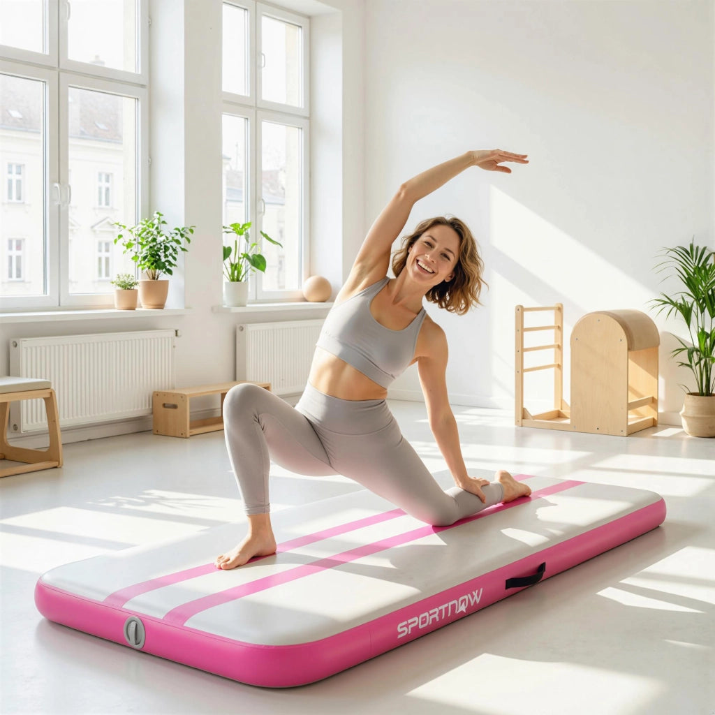 Tappetino Gonfiabile Ginnastica 205x102x10 cm con Pompa Elettrica e Borsa Trasporto in PVC Rosa
