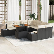 Set da pranzo da giardino in 9 pezzi con cuscini in polyrattan nero e acacia