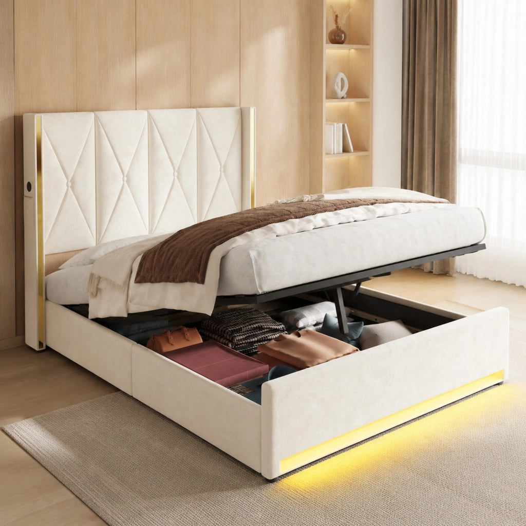 DESMIU Letto contenitore 160 × 200 cm 2 posti con USB e Type-C, LED regolabile, senza materasso, in velluto, beige