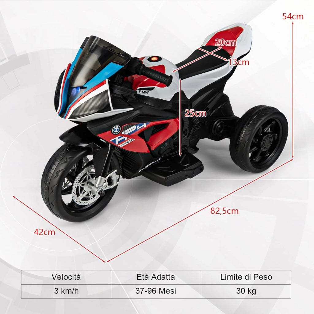 6V BMW Moto Cavalcabile per Bambini, Motocicletta a 3 Ruote con Musica Fari, 3km/h, Moto Elettrica Regalo per Bambini 37 a 96 Mesi (Rosso)
