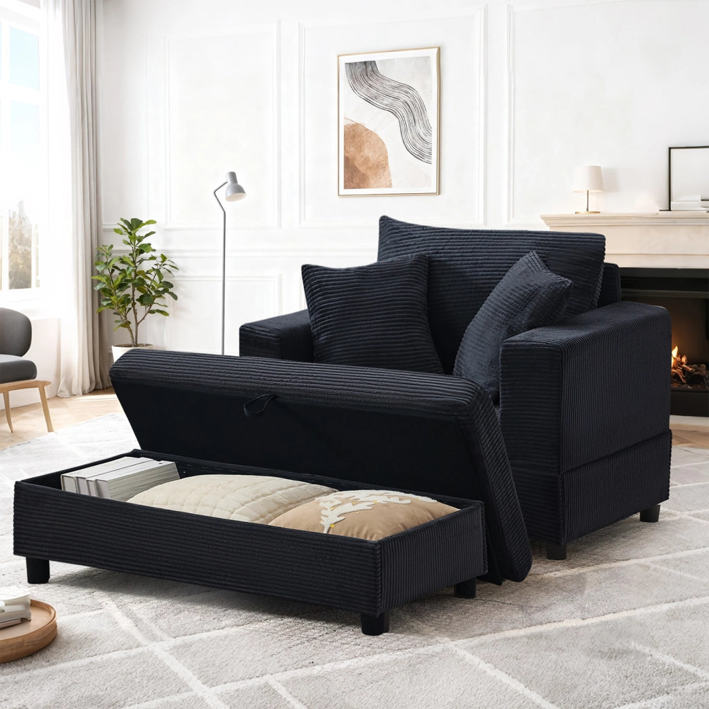 Divano chaise longue con vano contenitore e 3 cuscini in corda, gambe in plastica rinforzata, nero 107 × 74 × 57 cm