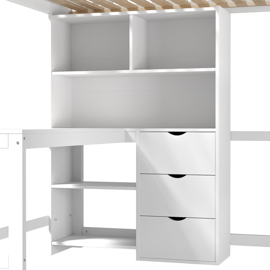 Hochbett bianco in pino con scrivania e 3 cassetti 140x200 cm
