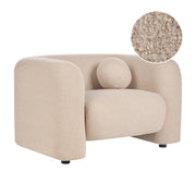 Poltrona in tessuto bouclè beige bianco con cuscino rotondo stile glamour retrò soggiorno