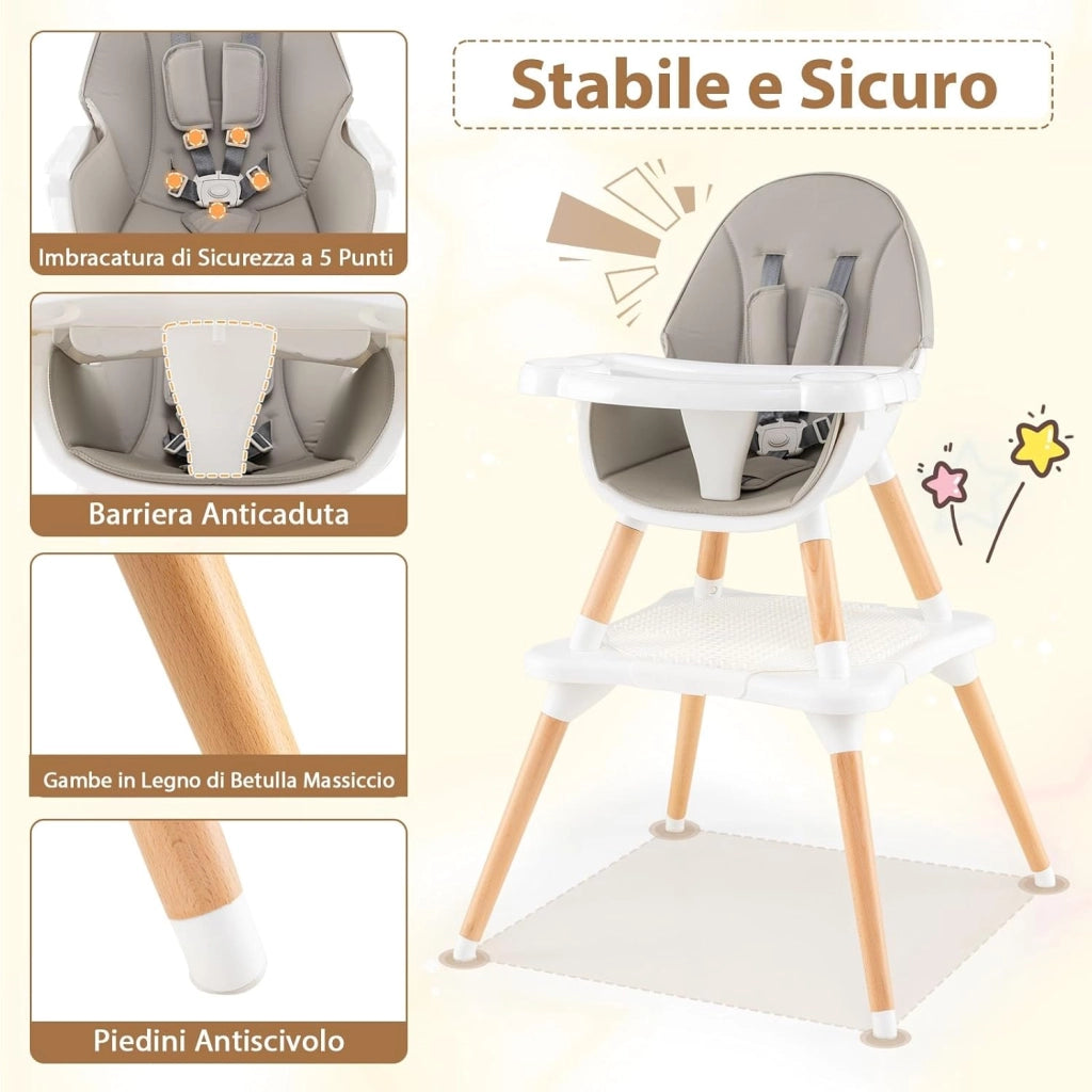 6-in-1 Seggiolone per Neonati, Seggiolone Prima Pappa, Tavolo e Sedia Convertibile per Bambini, Imbracatura di Sicurezza, Vassoio Rimovibile, per Bambini 6-36 Mesi (Grigio+Bianco)