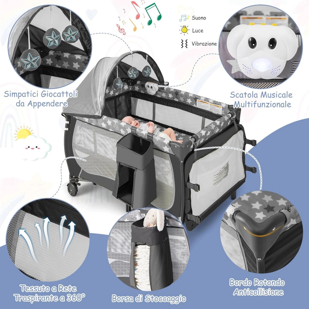 5 in 1 Lettino da Campeggio con Materasso, Lettino Neonato da Viaggio Pieghevole, Box Bambini Portatile con Borsa, Zanzariera, per Bambini 0-36 Mesi (Stella Grigia)