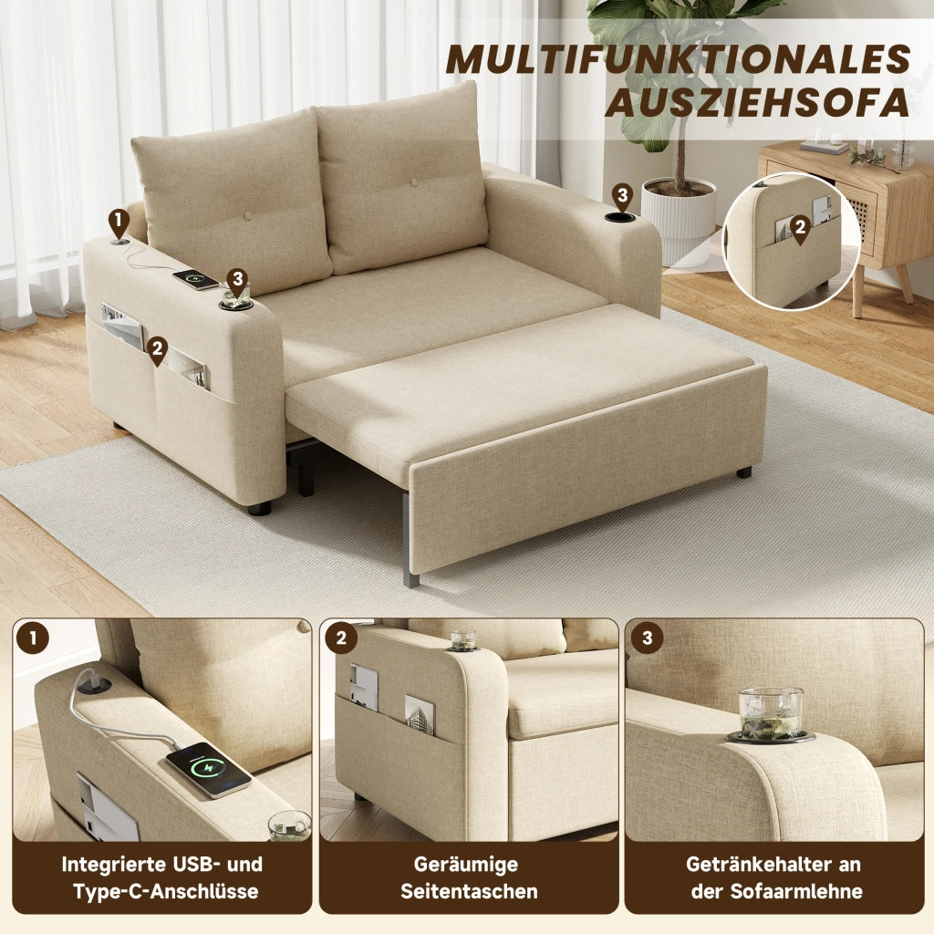 Divano letto 3 in 1 con portabicchieri, tasche laterali, cuscini e porte USB e tipo C in cotone lino beige