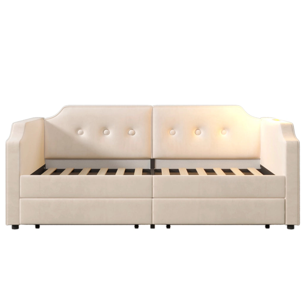 Letto 90x200 cm con USB Type-C; lampada da lettura e 2 cassetti in velluto beige