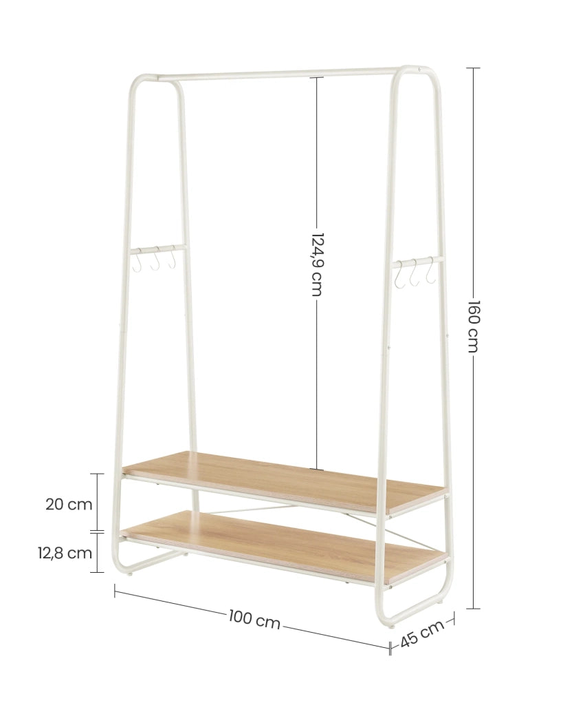 Appendiabiti in stile industriale 45 x 100 x 160 cm robusto appendiabiti con 2 ripiani 6 ganci a S struttura in acciaio per camera da letto stile industriale bianco 12_0006992
