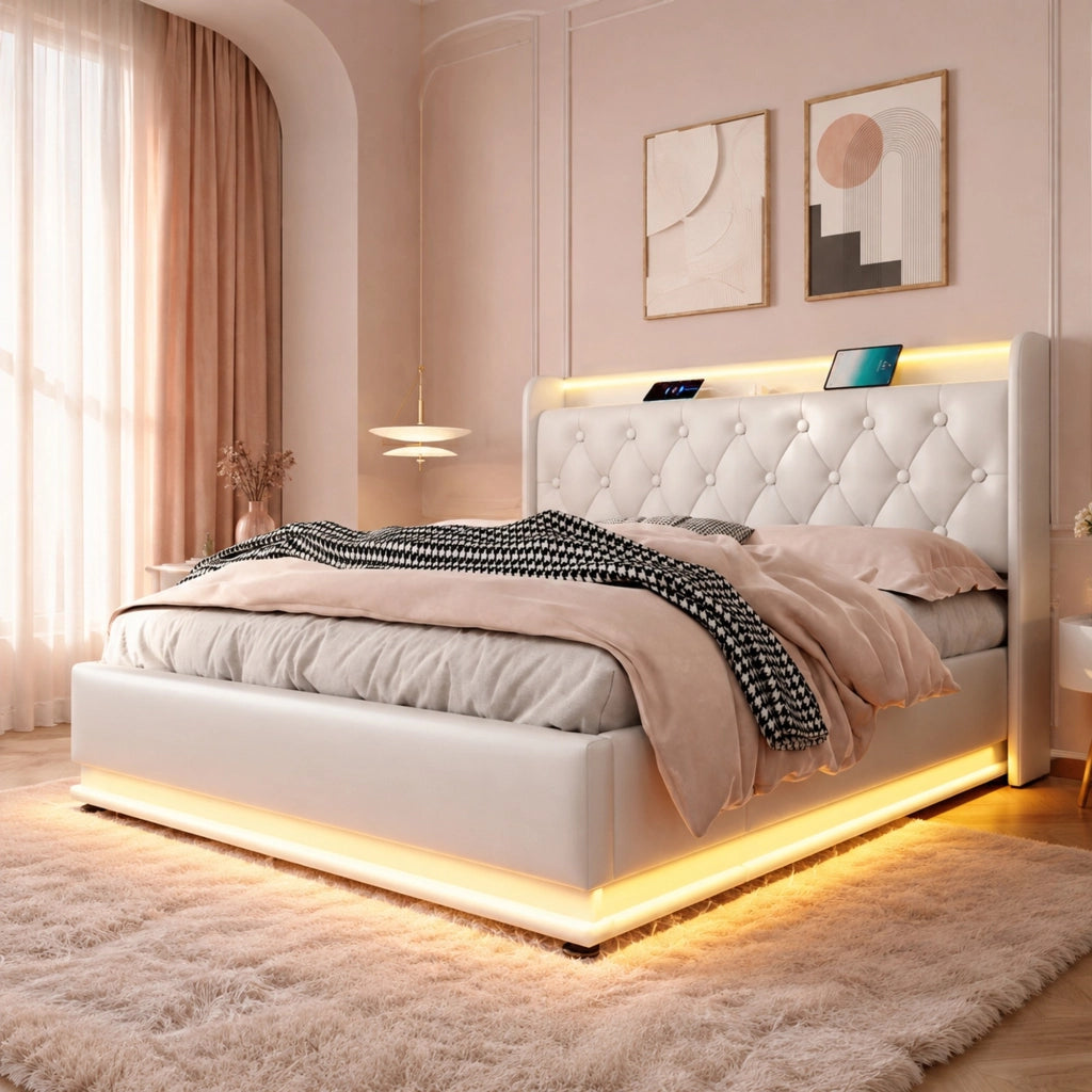 Letto matrimoniale imbottito 140x200 cm con LED 360°, contenitore idraulico, USB e Type-C, bianco, senza materasso