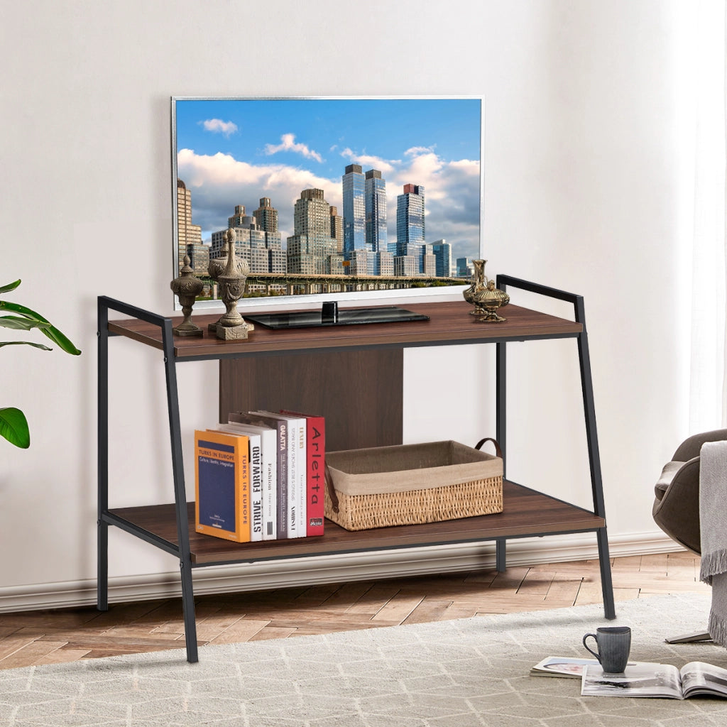 Supporto multimediale in legno a 2 livelli TV fino a 32 pollici, Centro di intrattenimento TV Noce-Mobili porta TV