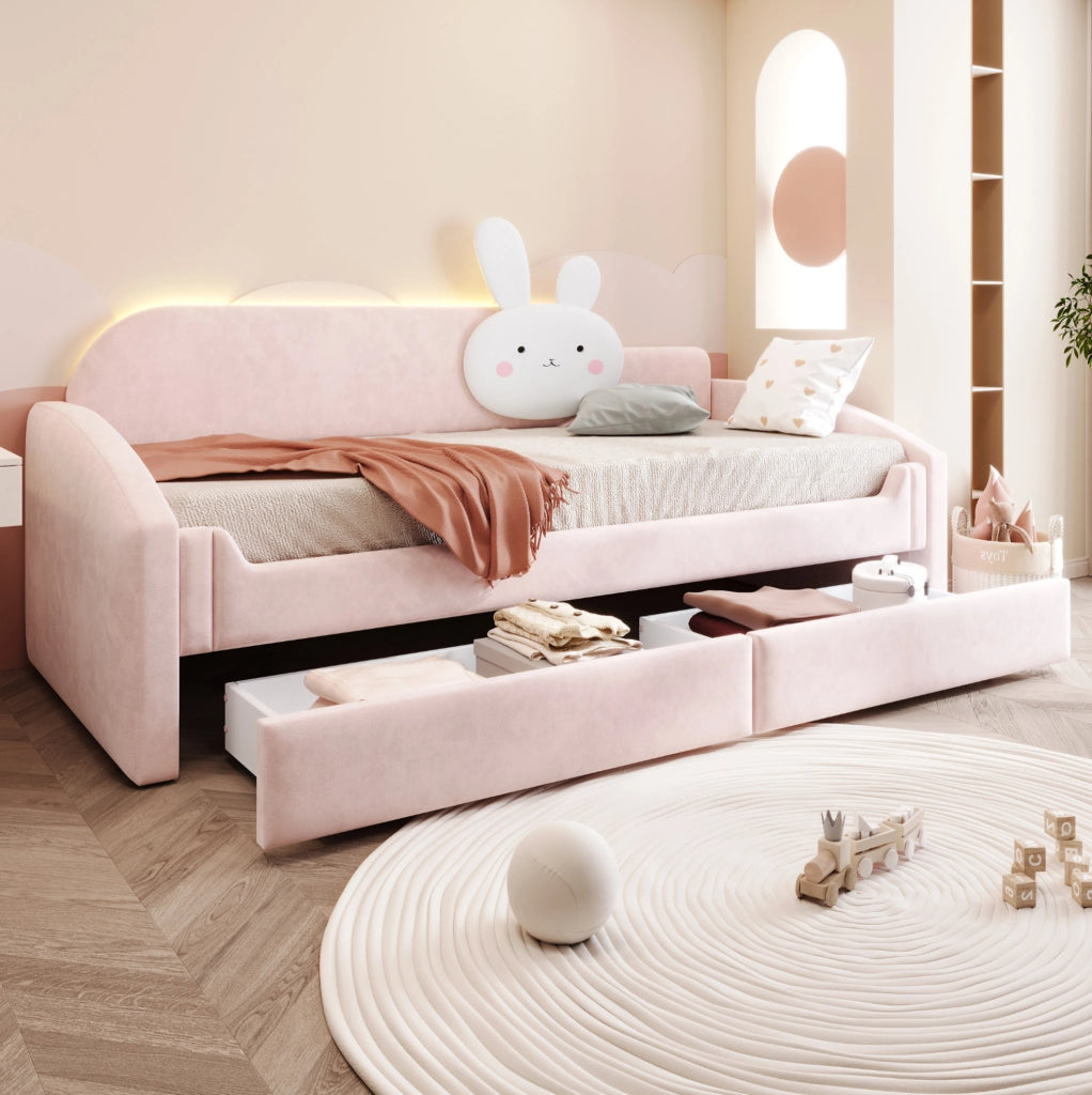 Letto bambino con contenitore 90x200 cm; LED; velluto rosa; con cassetti e cuscino coniglietto