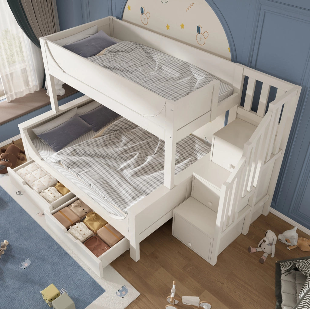 Letto a castello con scala e cassetti 90x200/140x200 cm; bianco; in legno e MDF