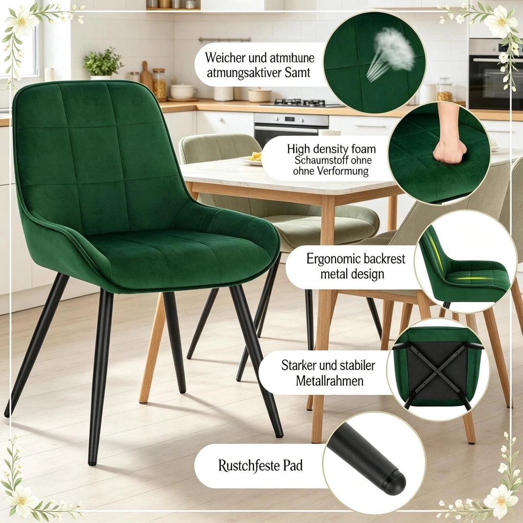 SEDIA Set da 4 pezzi in velluto verde scuro con gambe in metallo
