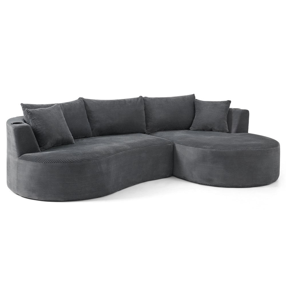 Divano Angolare 3 Posti con Chaise Longue ¨C Xylo ¨C Tessuto a Coste, Grigio, con Cuscini e Portabicchieri