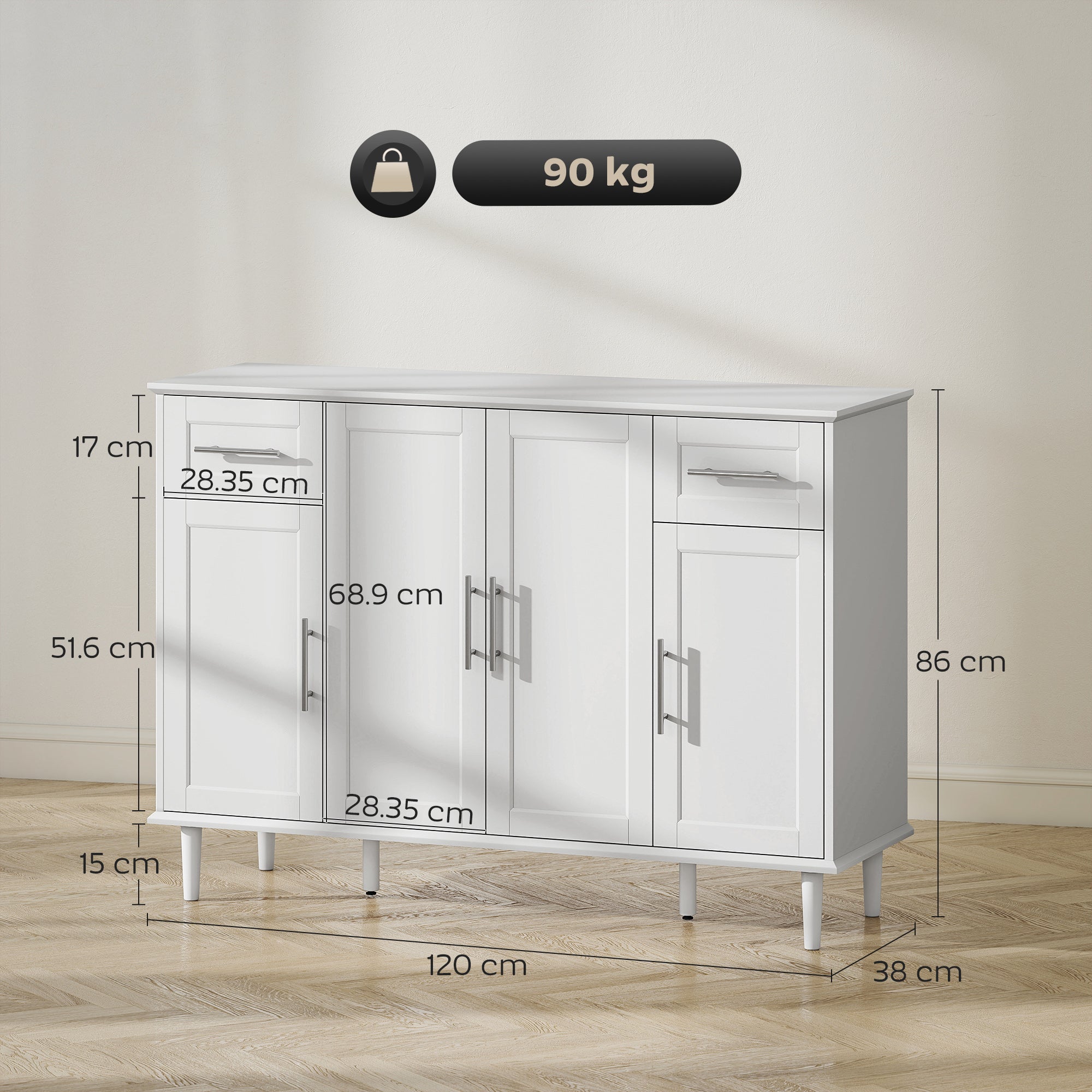 Credenza Buffet Elegante 120x38x86 cm con 2 Cassetti e 3 Armadietti in Legno Bianco