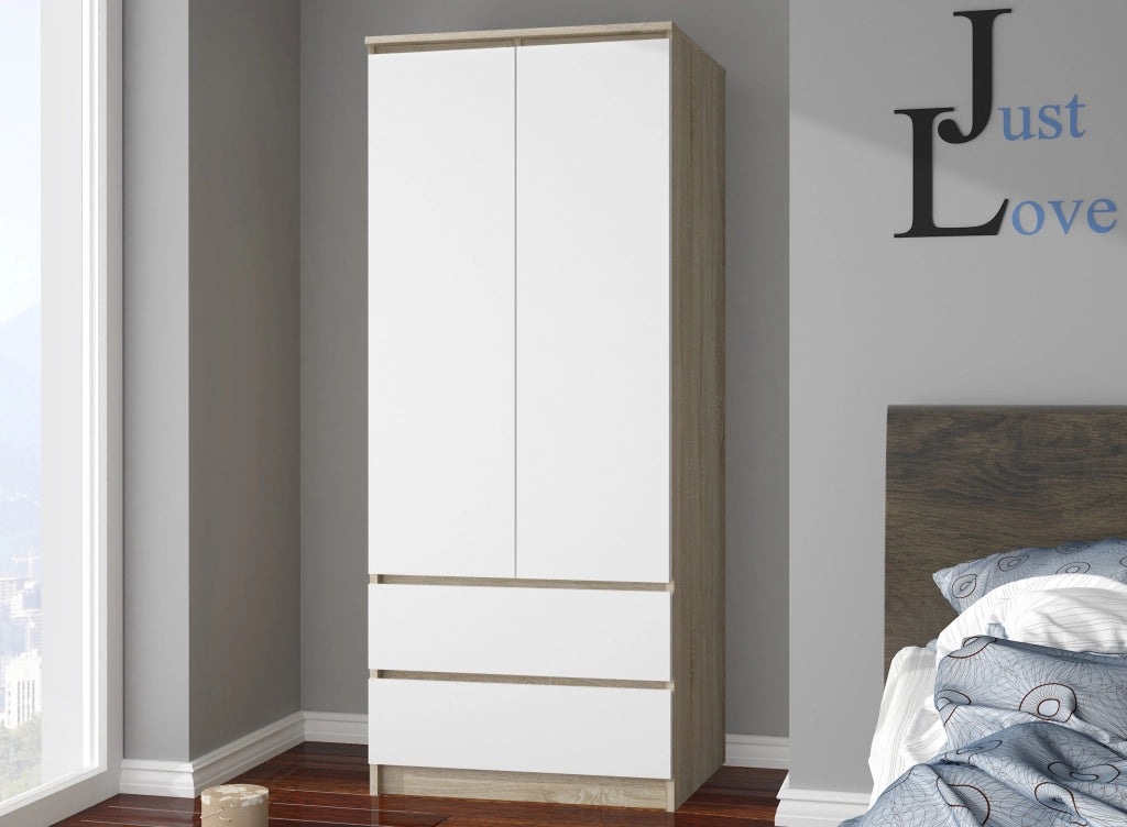 Armadio AKORD S90 Sonoma Quercia 90 cm 2 ante 2 cassetti inserto frontale Bianco 90x51x180 cm