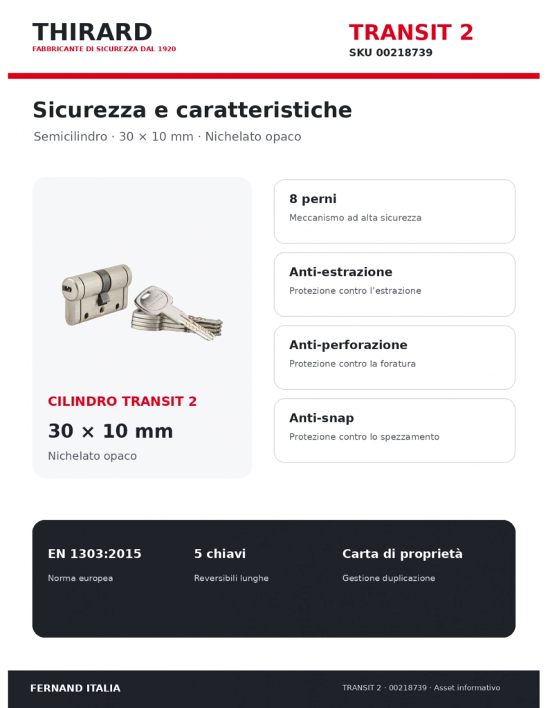 Semicilindro T2 30 x 10 mm, nichelato, camma orientabile, 5 chiavi – THIRARD