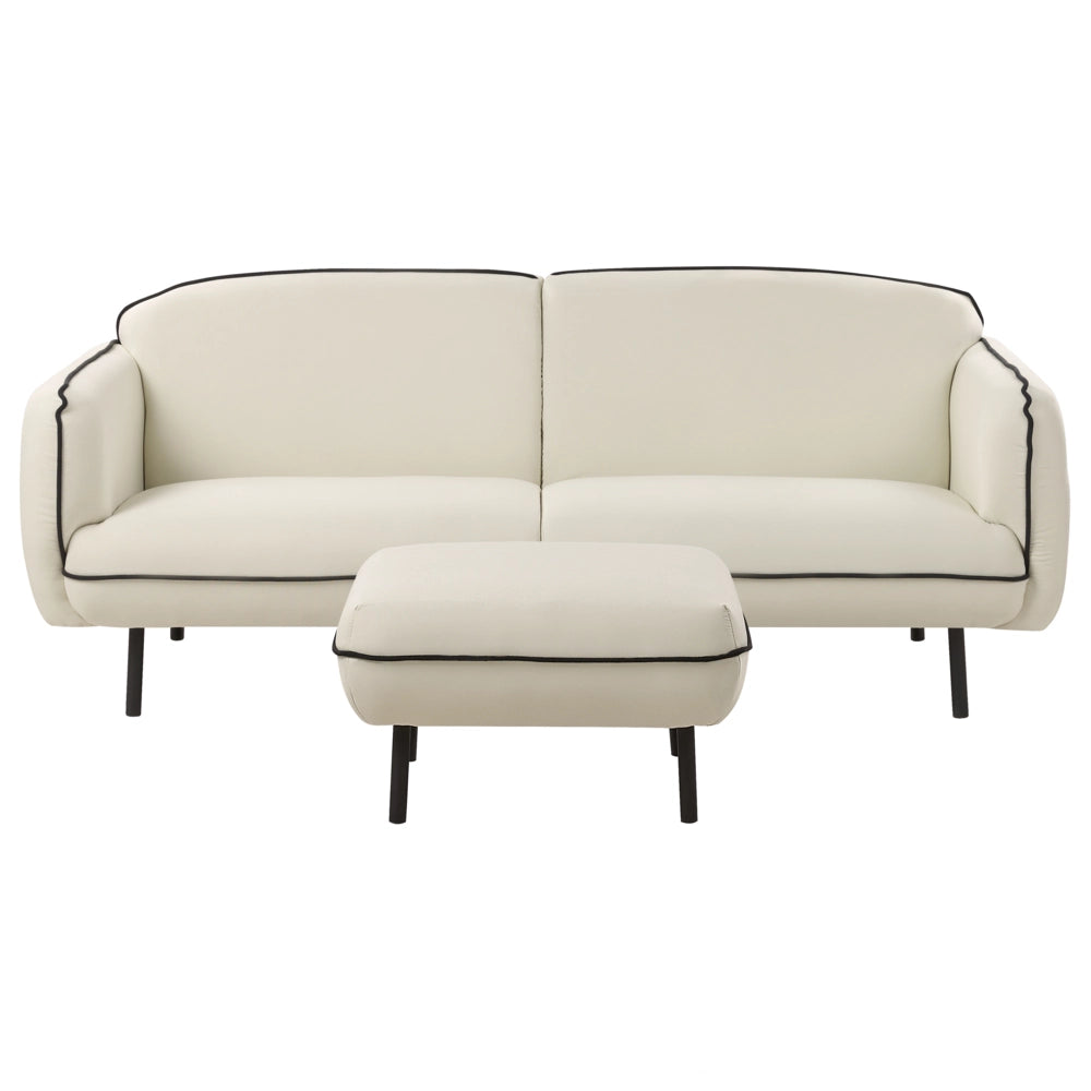 Divano a 3 posti con ottomana Tessuto beige chiaro Morbide gambe in metallo nodoso Bordi decorativi neri Stile arte decorativa retro glam