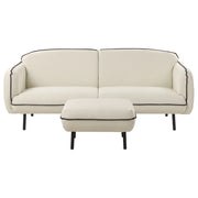 Divano a 3 posti con ottomana Tessuto beige chiaro Morbide gambe in metallo nodoso Bordi decorativi neri Stile arte decorativa retro glam